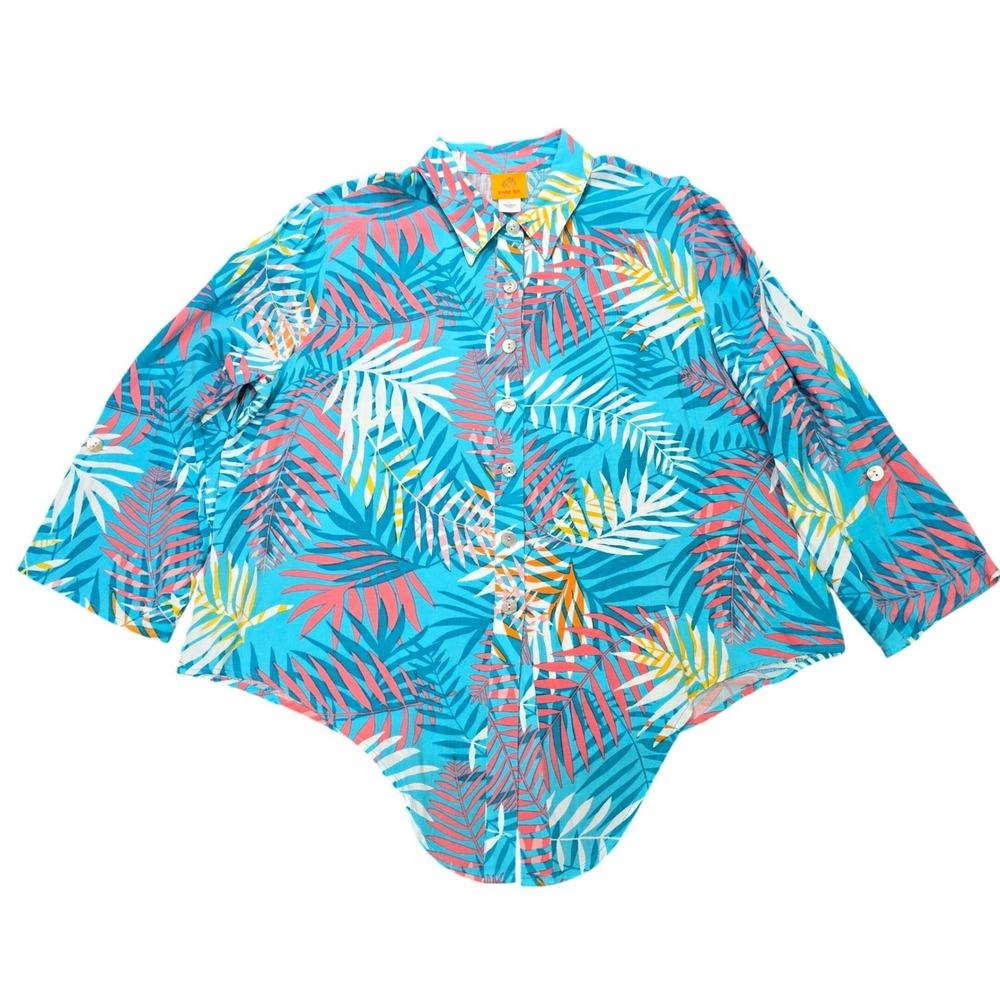 Ruby Rd Rayon Button Down Shirt Women's Size Blue PinkTropical Palm Print